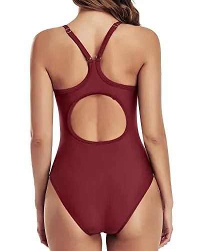 Racerback Keyhole Design V-Back One Piece Swimsuits For Women-Maroon