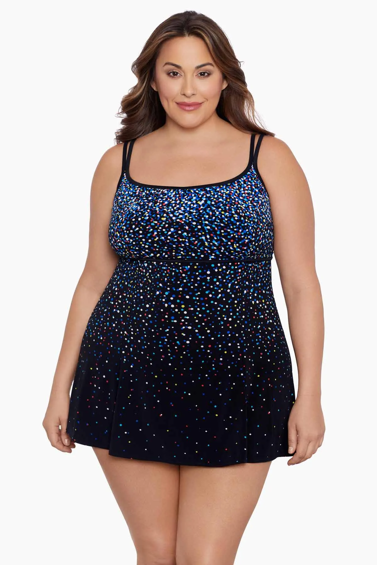 Rainbow Sprinkles Plus Size Long Torso Empire Princess Seam Swim Dress