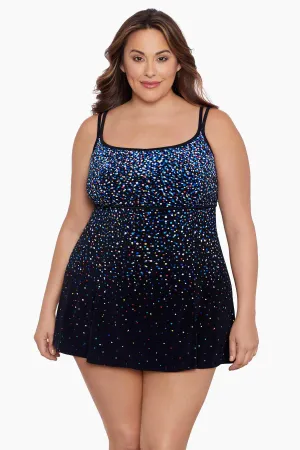 Rainbow Sprinkles Plus Size Long Torso Empire Princess Seam Swim Dress