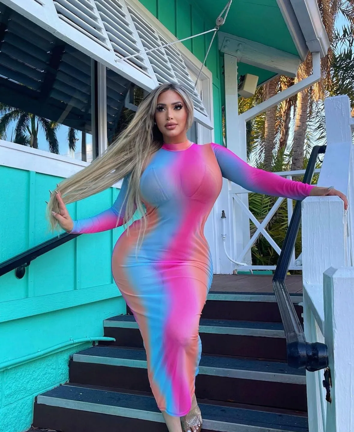 Rainbow Swirl Sheer Mesh Long Sleeve Cover Up Dress