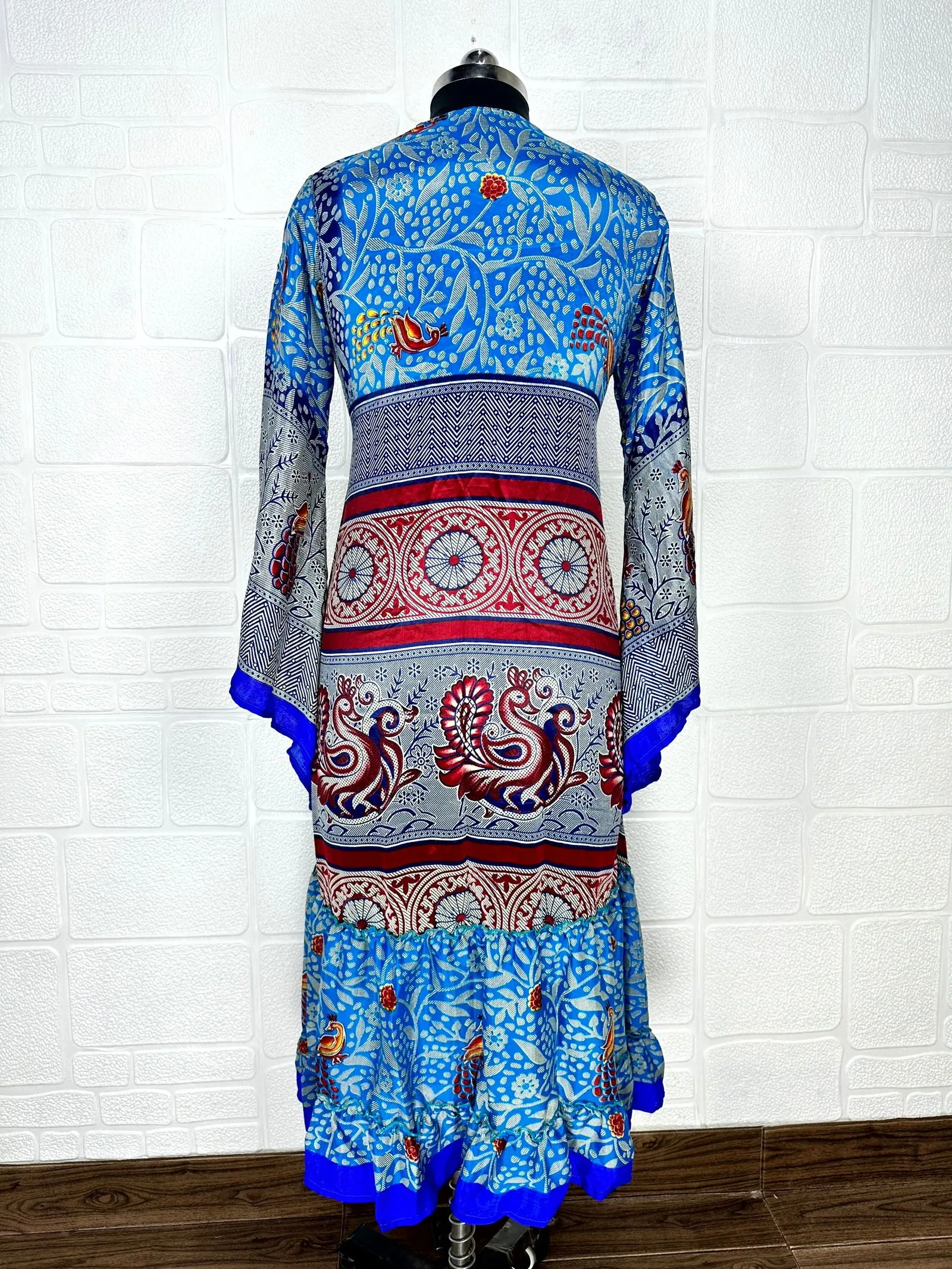 Recycle Boho House Robe Kimono Vintage Silk Sari Dressing Gown, Beach Coverup, Bridesmaid, Anniversary Gift Her | Bird Print Blue Grey