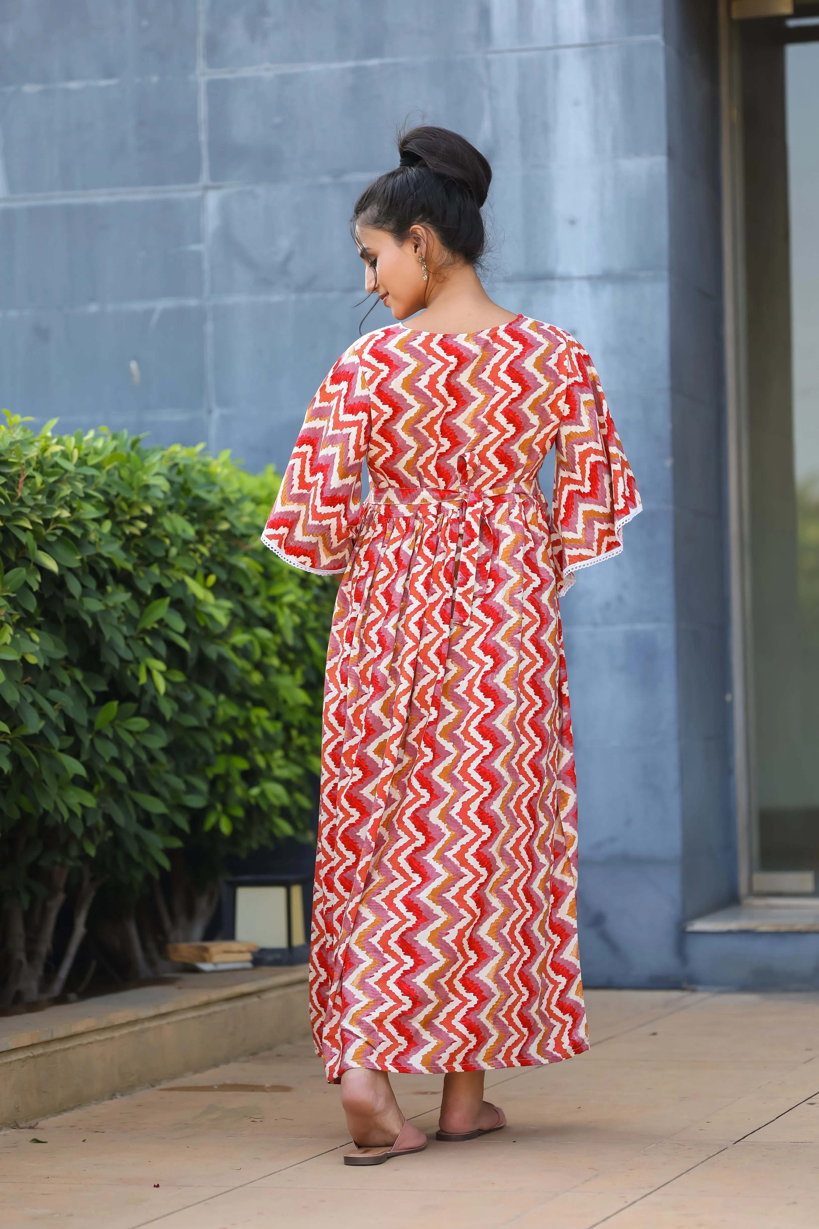 RED AND PINK ZICK-ZACK MATERNITY DRESS