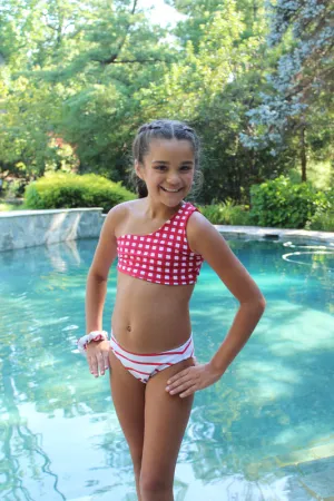 RED CHEX/RED STRIPE 1 SHOULDER  BIKINI