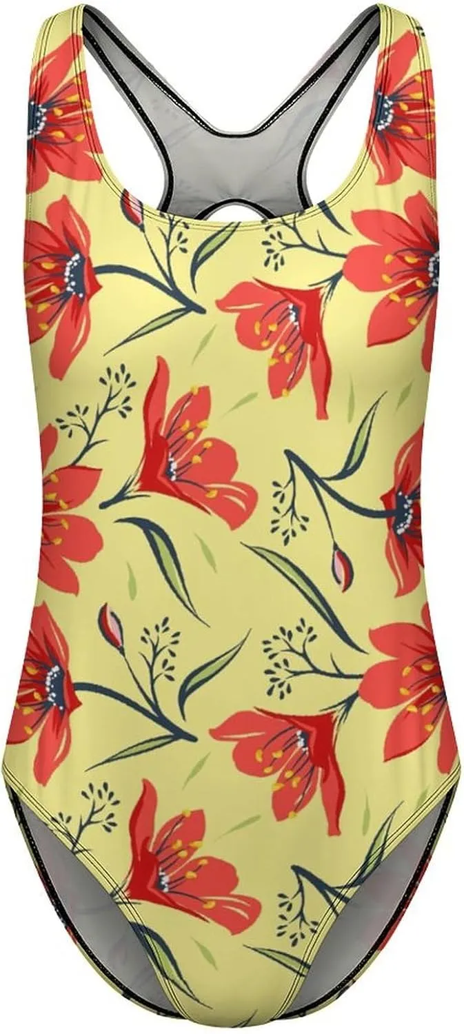 Red Floral Tulip Womens' 1 Piece Swimsuits Backless Scoop Neck Trendy Tummy Control Bathing Suit