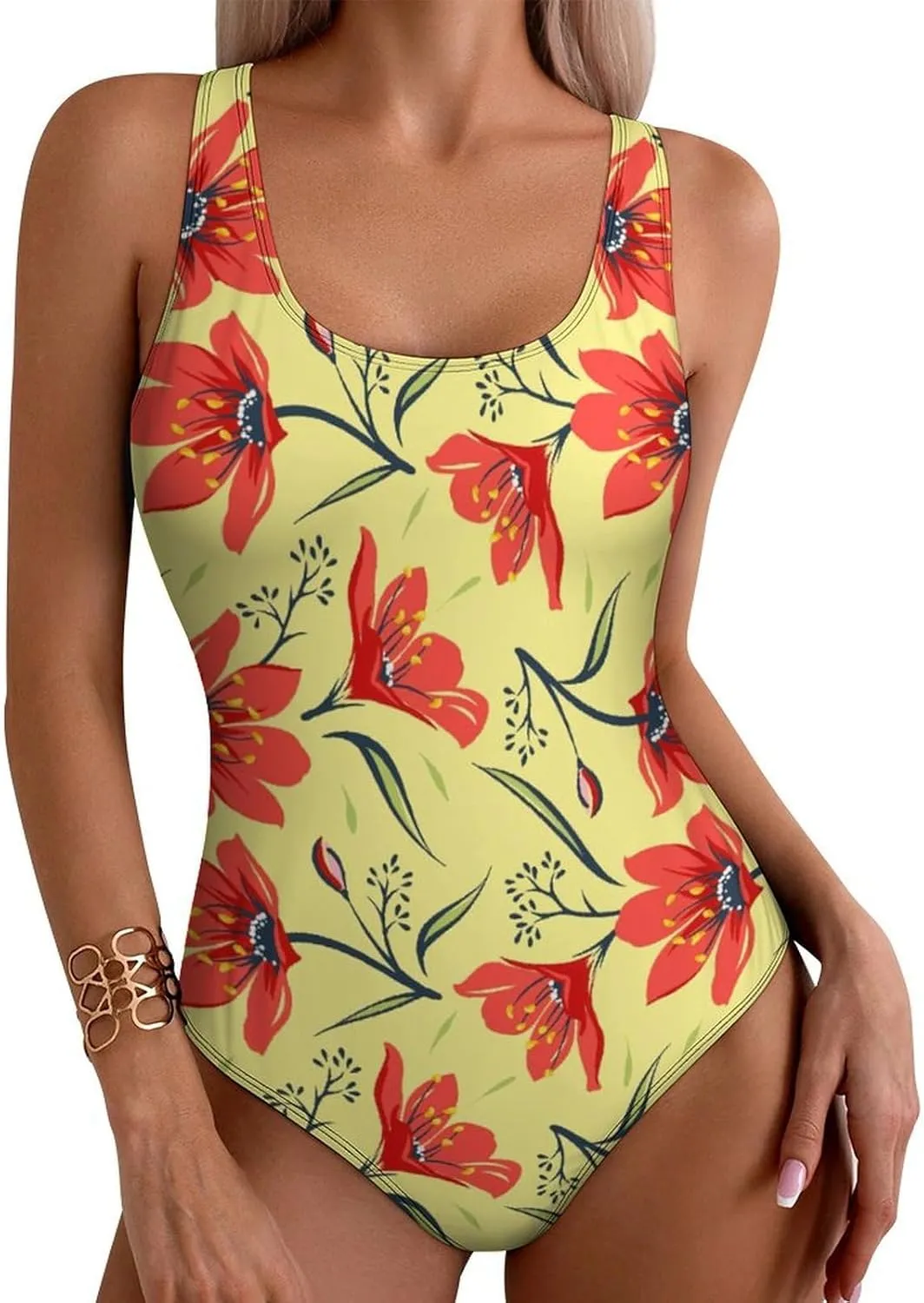 Red Floral Tulip Womens' 1 Piece Swimsuits Backless Scoop Neck Trendy Tummy Control Bathing Suit