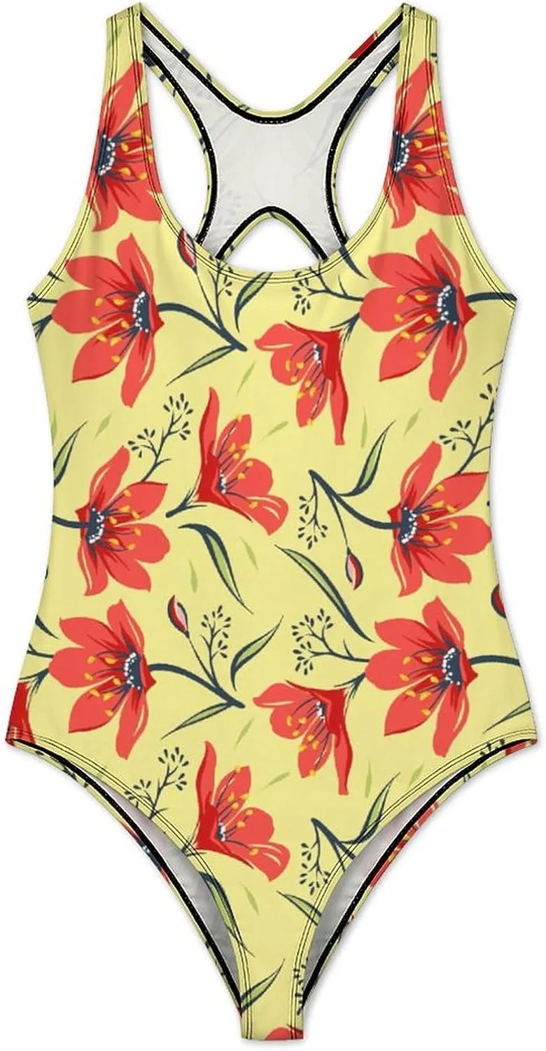 Red Floral Tulip Womens' 1 Piece Swimsuits Backless Scoop Neck Trendy Tummy Control Bathing Suit