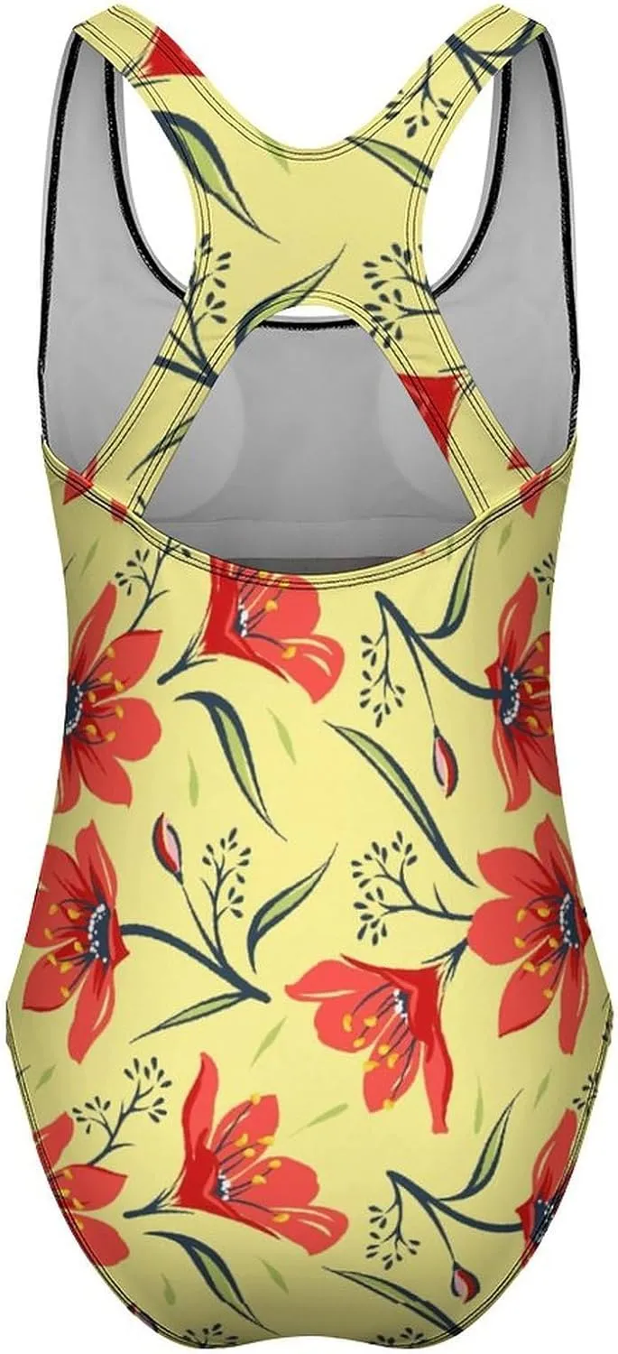 Red Floral Tulip Womens' 1 Piece Swimsuits Backless Scoop Neck Trendy Tummy Control Bathing Suit