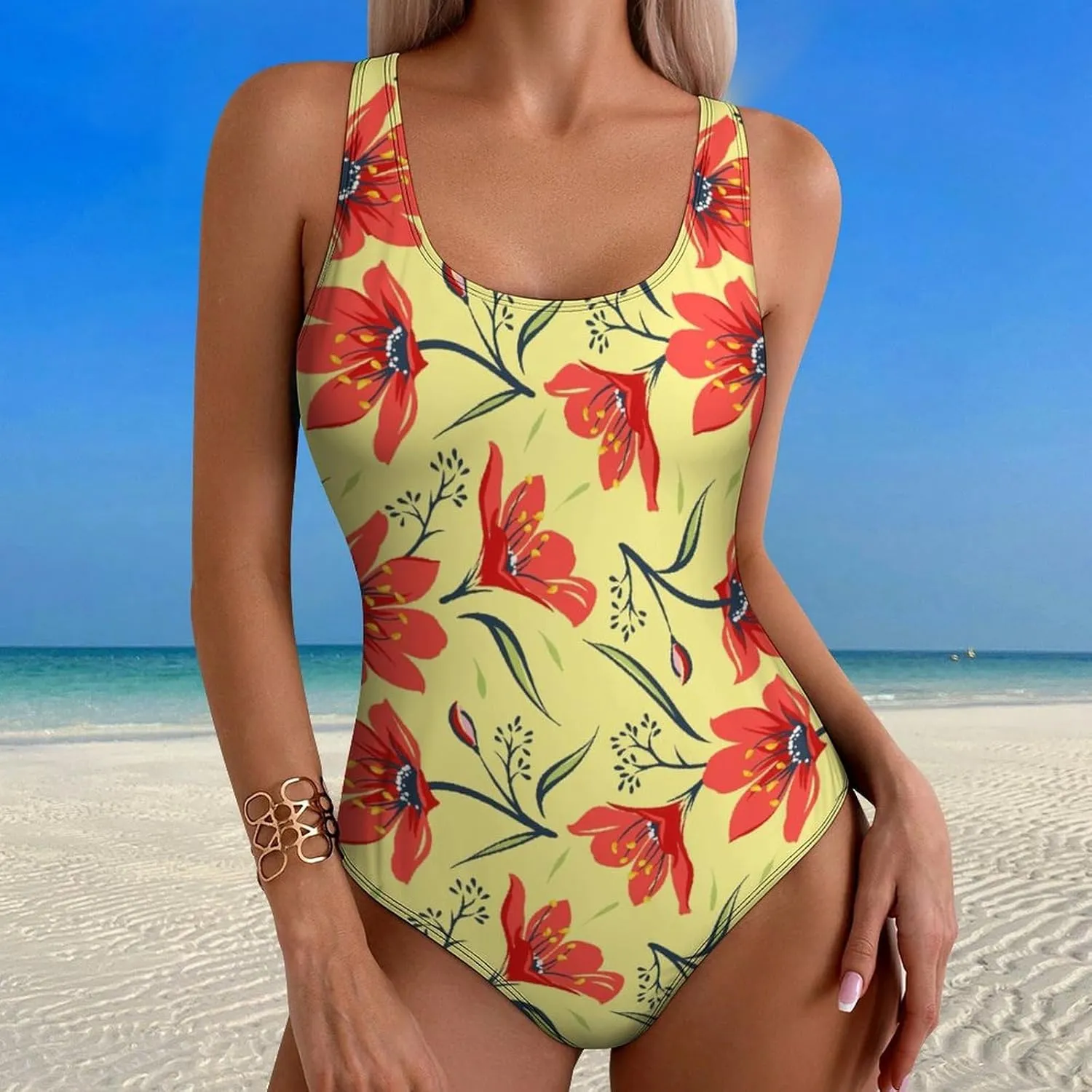Red Floral Tulip Womens' 1 Piece Swimsuits Backless Scoop Neck Trendy Tummy Control Bathing Suit