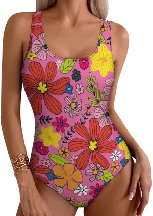 Red Yellow Floral Lady 1 Piece Swimwear Halter Scoop Neck Endearing Tummy Control Swimwears