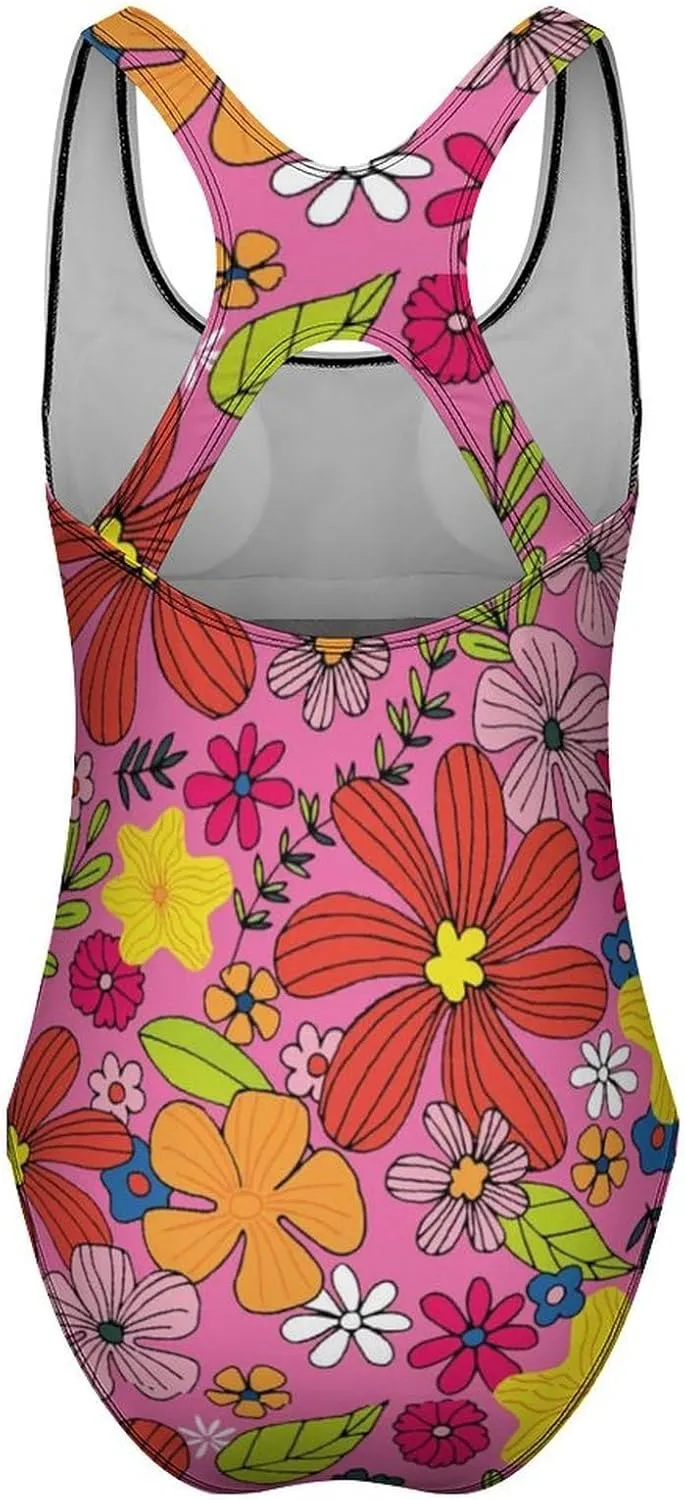 Red Yellow Floral Lady 1 Piece Swimwear Halter Scoop Neck Endearing Tummy Control Swimwears