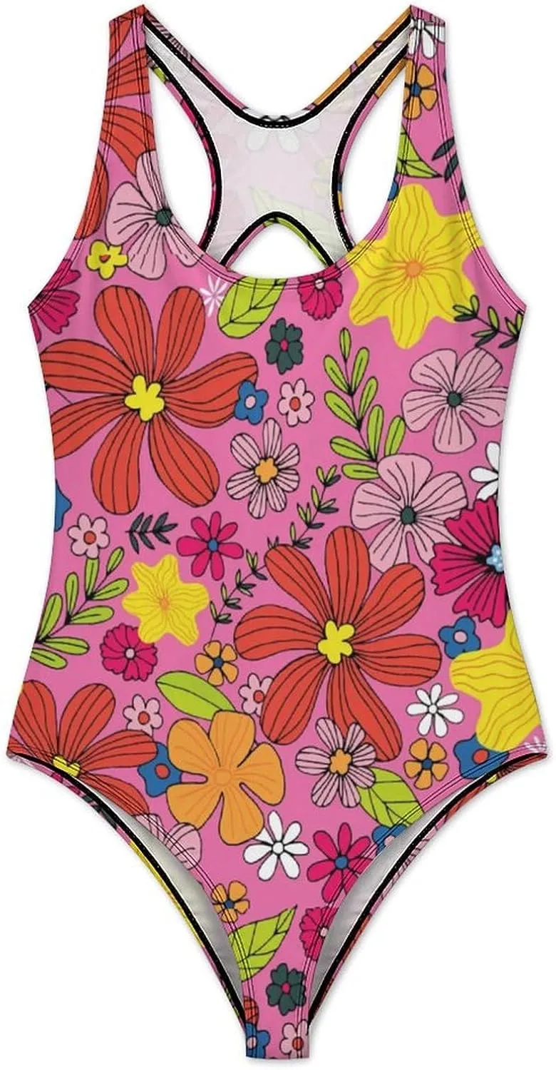 Red Yellow Floral Lady 1 Piece Swimwear Halter Scoop Neck Endearing Tummy Control Swimwears