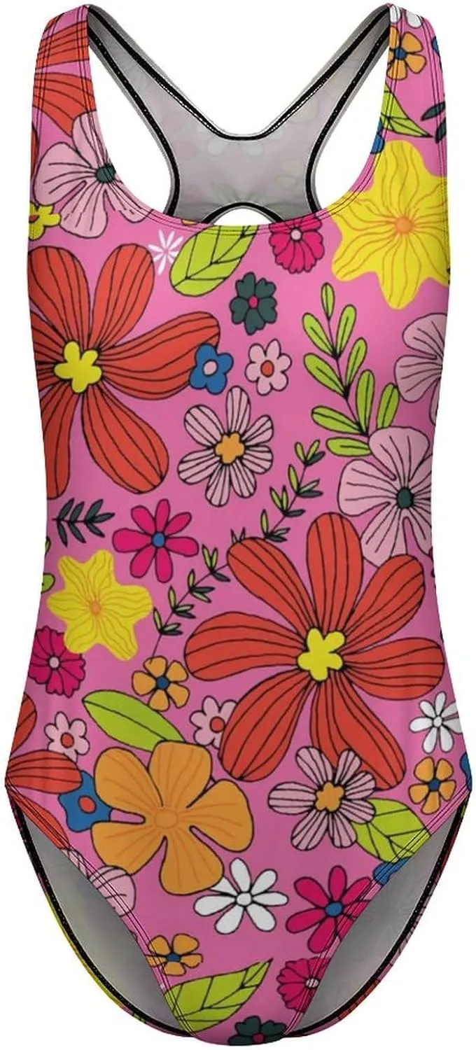 Red Yellow Floral Lady 1 Piece Swimwear Halter Scoop Neck Endearing Tummy Control Swimwears
