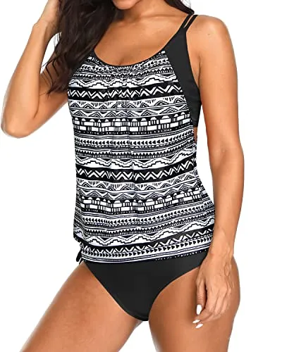 Removable Built-In Sports Bra Tankini Bathing Suits For Women-Black White Stripe