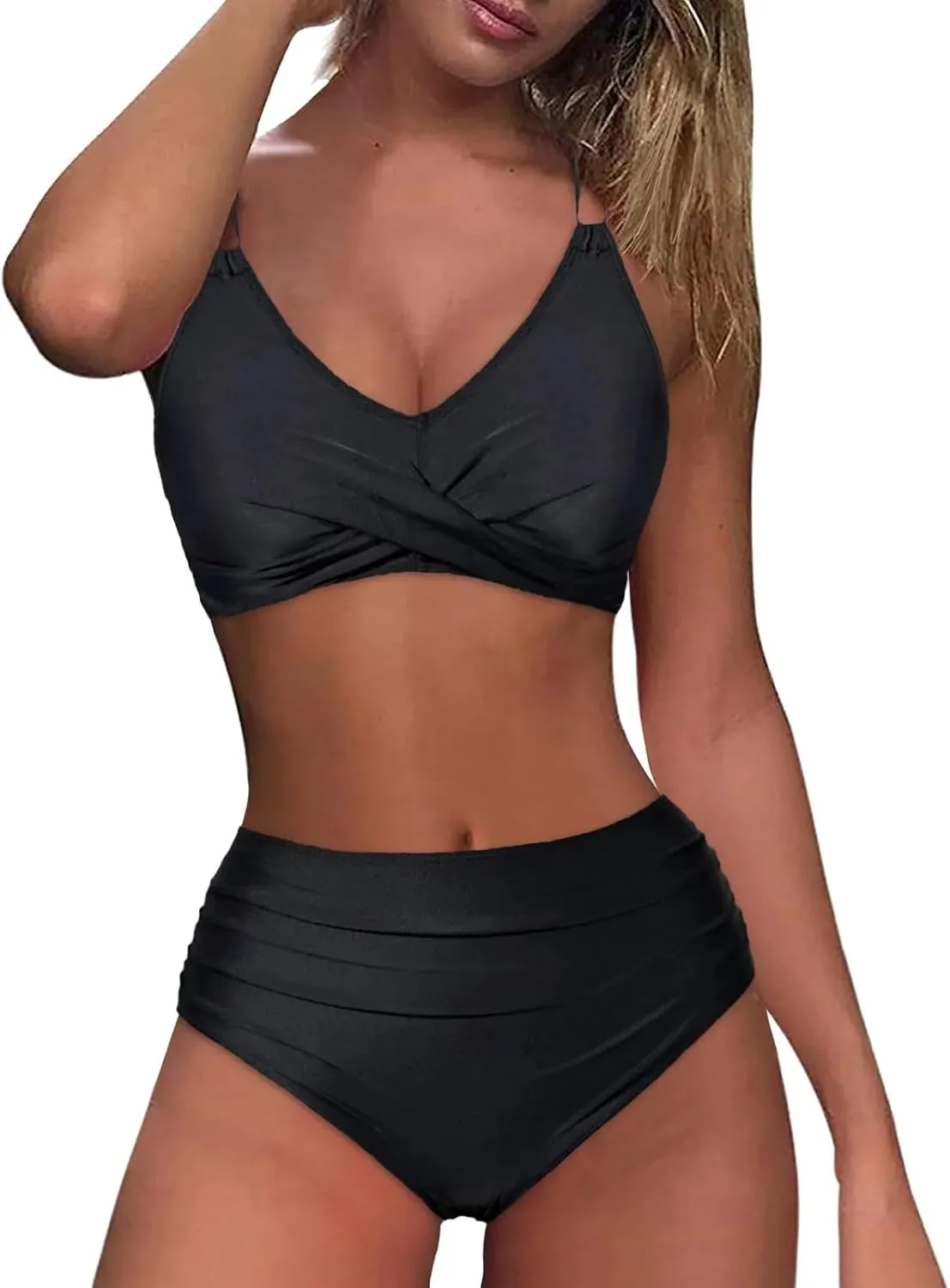 Retro Wrap High Waist Bikini Swimsuit Print Tow Set Women Vintage Front Two Ruched Swimwears Crisscross Set