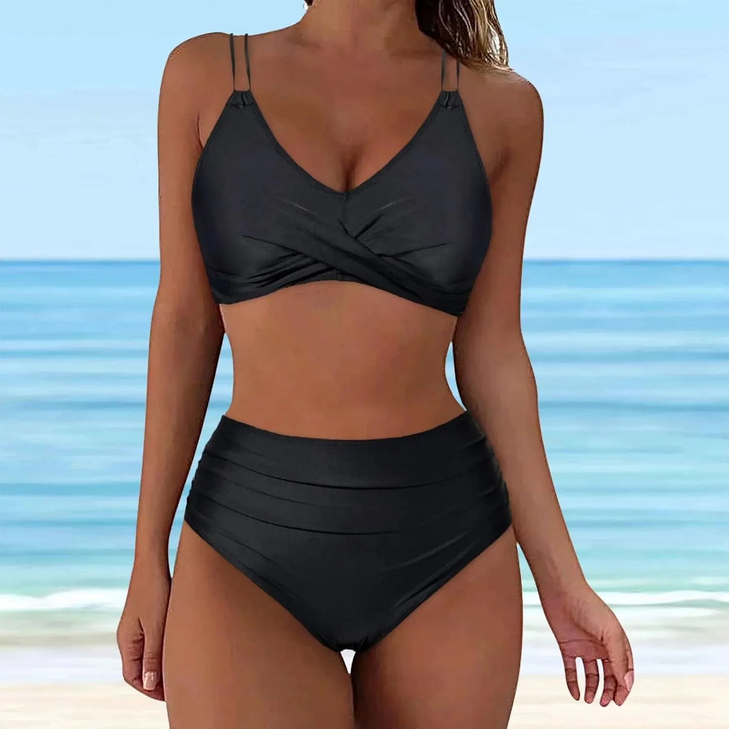 Retro Wrap High Waist Bikini Swimsuit Print Tow Set Women Vintage Front Two Ruched Swimwears Crisscross Set