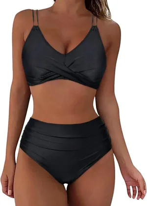 Retro Wrap High Waist Bikini Swimsuit Print Tow Set Women Vintage Front Two Ruched Swimwears Crisscross Set