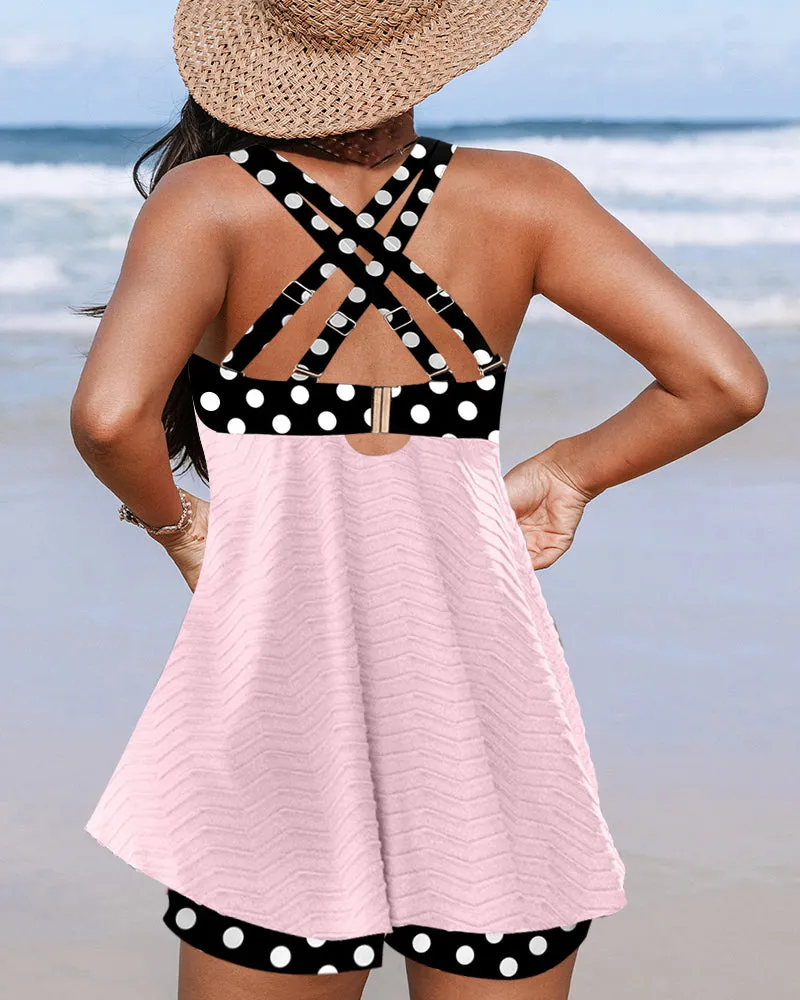 Rib polka dot print tankini swimsuit