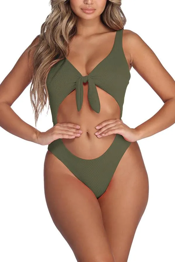 Ribbed Cut Out Tie Knot High Cut One Piece Swimsuit