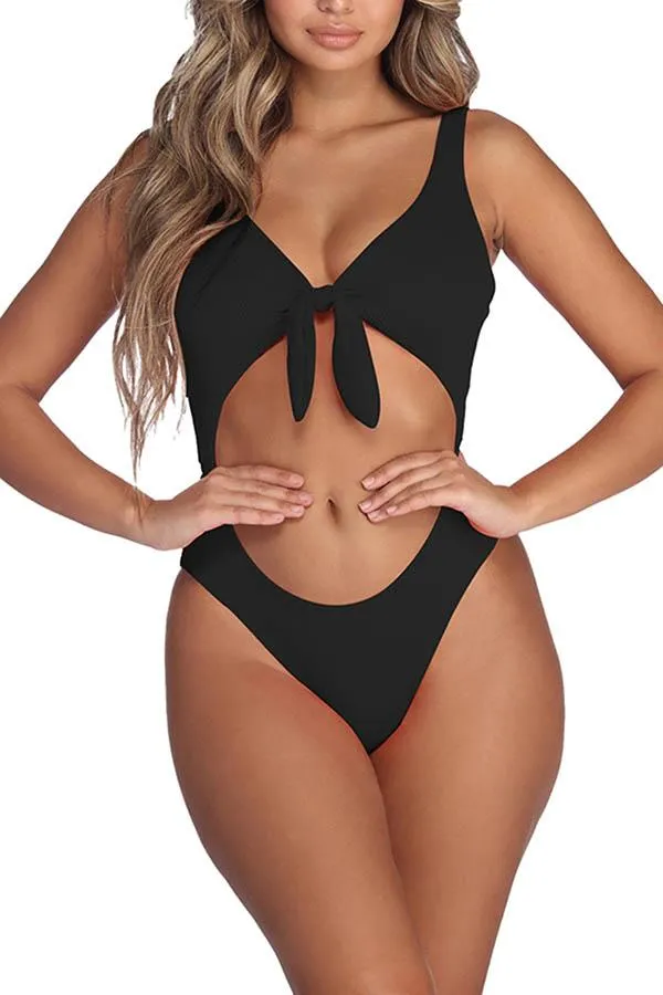 Ribbed Cut Out Tie Knot High Cut One Piece Swimsuit