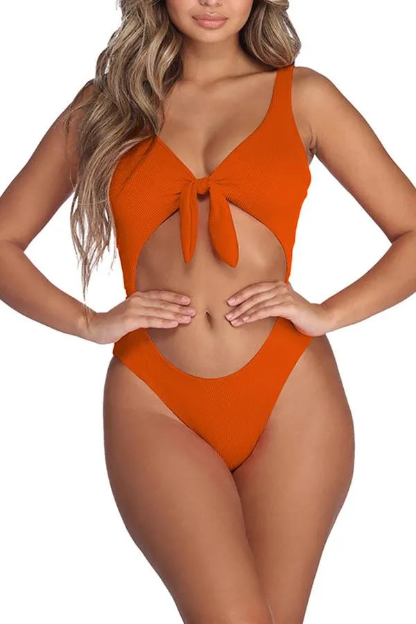 Ribbed Cut Out Tie Knot High Cut One Piece Swimsuit