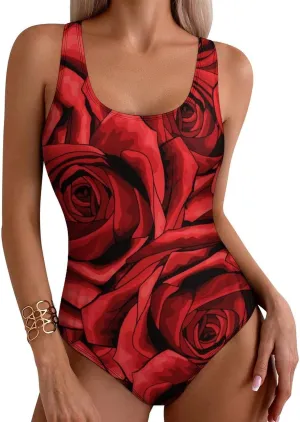 Rose Bouquet Womens' 1 Piece Swimsuit Halter Scoop Neck Aesthetic Tummy Control Swimsuits