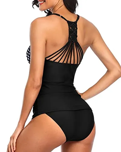 Ruched Panel V Neck Tankini Top Bathing Suits With Swim Bottom-Black Plaid