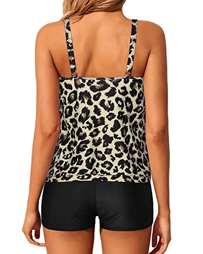 Ruched Scoop Neck Design Modest Tankini Swimsuits-Black And Leopard