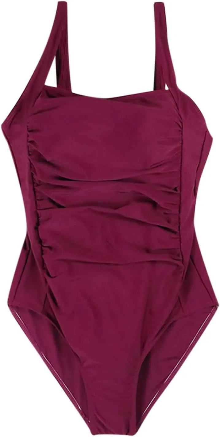 Ruched Sleeveless Backless Swimwear for Women Tummy Control Square Neck Swimsuits One Piece Slimming Bathing Suits