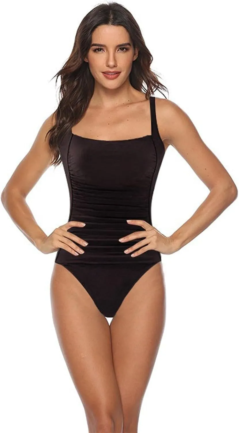 Ruched Sleeveless Backless Swimwear for Women Tummy Control Square Neck Swimsuits One Piece Slimming Bathing Suits