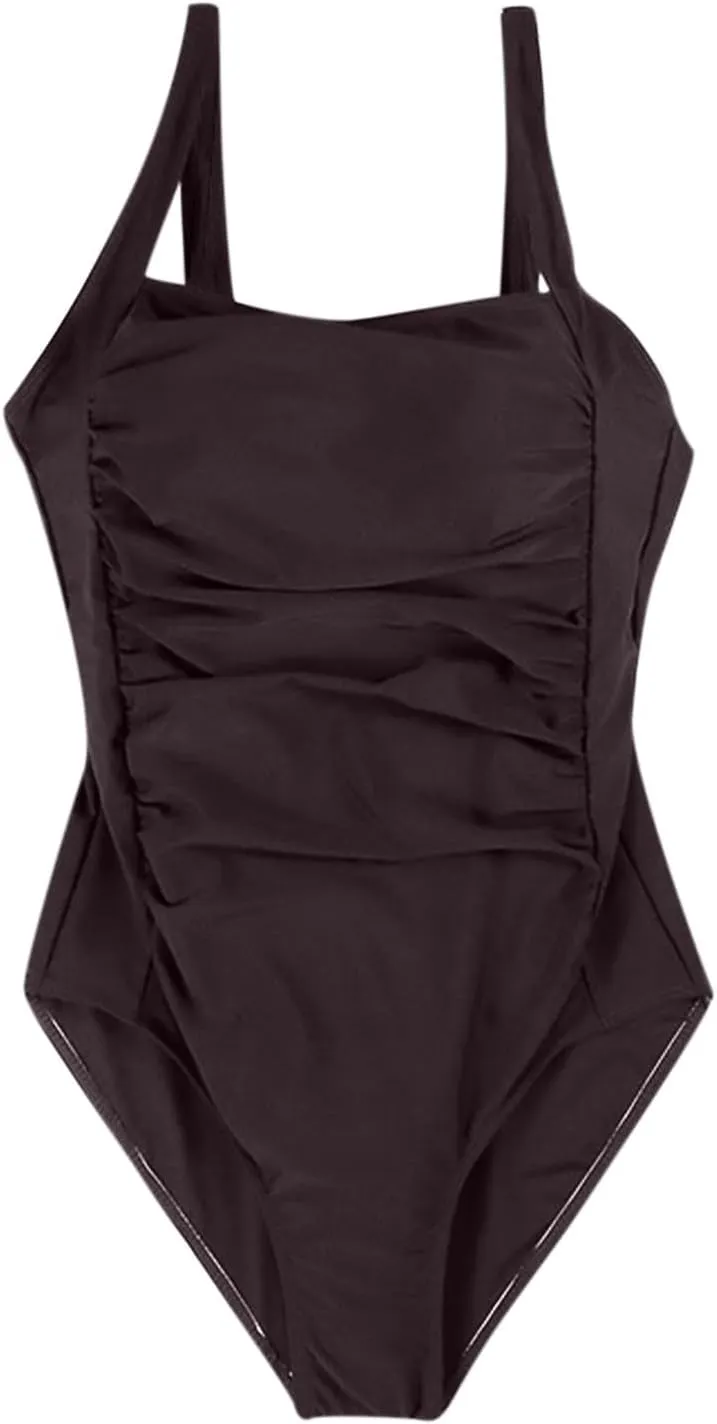 Ruched Sleeveless Backless Swimwear for Women Tummy Control Square Neck Swimsuits One Piece Slimming Bathing Suits