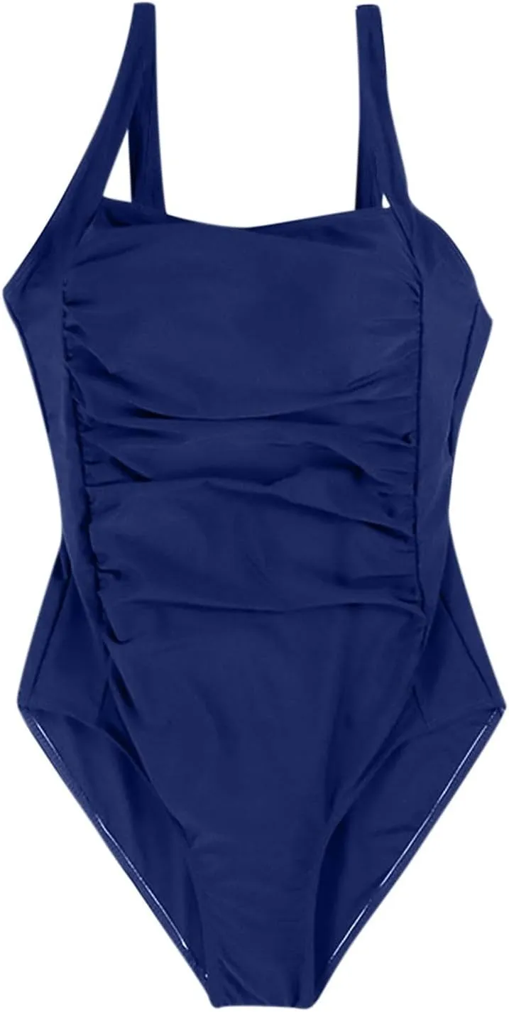 Ruched Sleeveless Backless Swimwear for Women Tummy Control Square Neck Swimsuits One Piece Slimming Bathing Suits