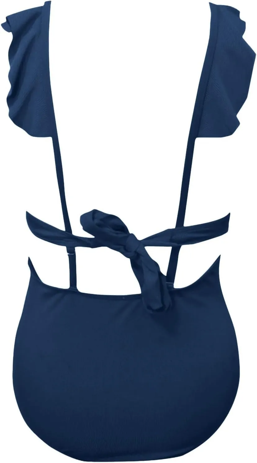 Ruffle Flounce One Piece Swimsuits for Women Cutout V Neck Backless Tie Back Bathing Suit High Waisted Padded Swimwear