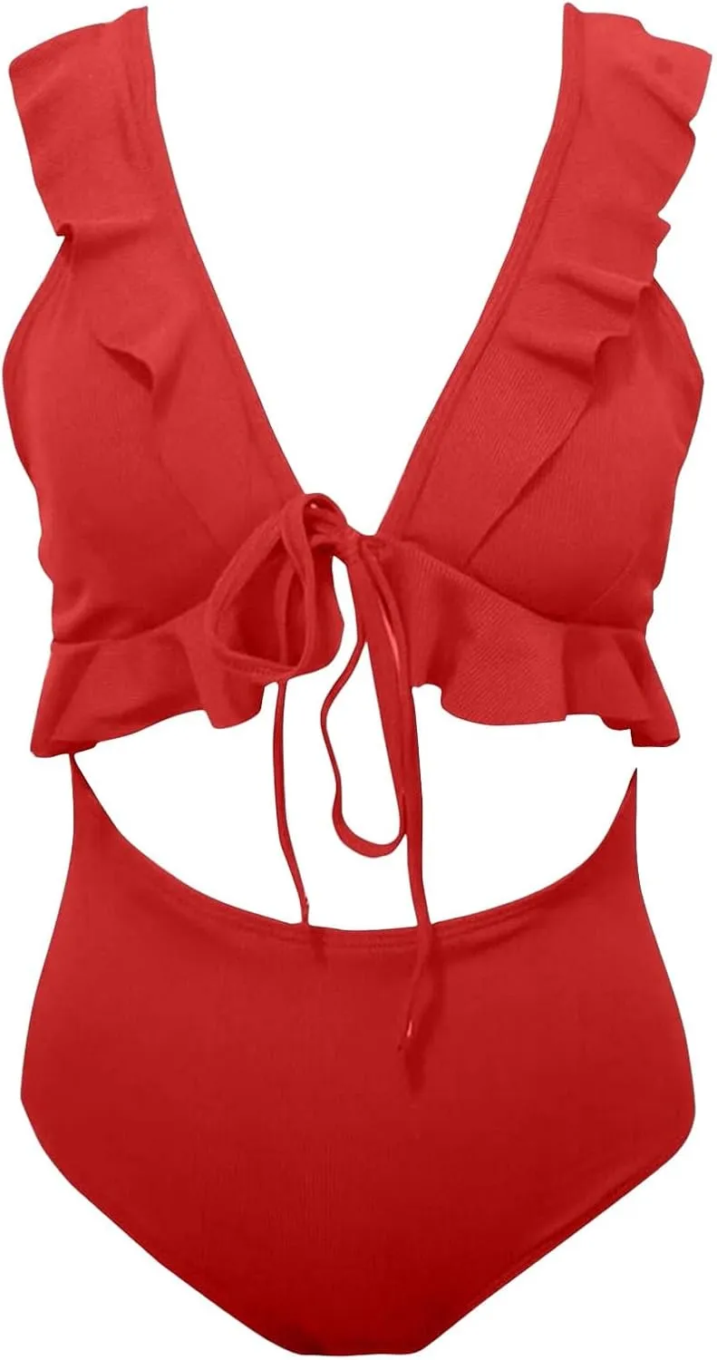 Ruffle Flounce One Piece Swimsuits for Women Cutout V Neck Backless Tie Back Bathing Suit High Waisted Padded Swimwear