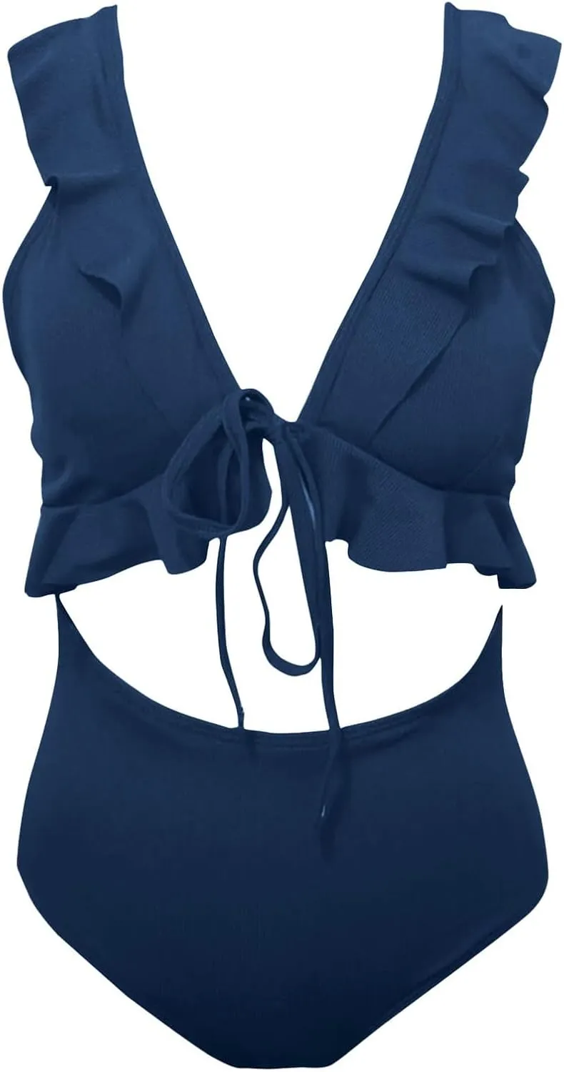 Ruffle Flounce One Piece Swimsuits for Women Cutout V Neck Backless Tie Back Bathing Suit High Waisted Padded Swimwear