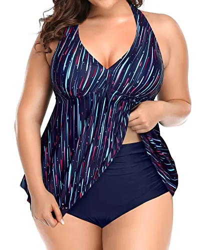 Ruffle High Waisted Two Piece Swimsuits For Plus Size Women-Navy Blue
