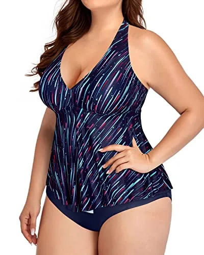 Ruffle High Waisted Two Piece Swimsuits For Plus Size Women-Navy Blue