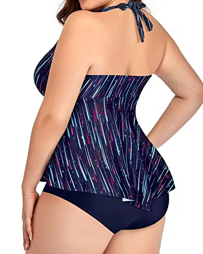 Ruffle High Waisted Two Piece Swimsuits For Plus Size Women-Navy Blue