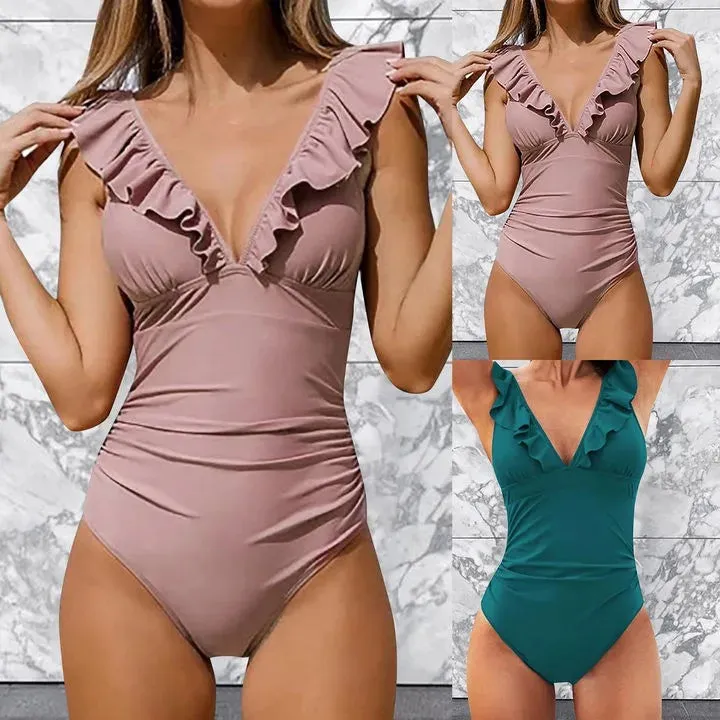 Ruffle V-Neck One-Piece Swimsuit for Beach Days
