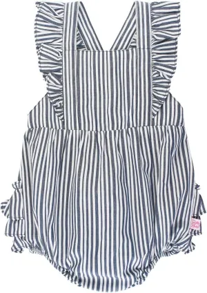 RuffleButts Baby/Toddler Girls Navy Stripe Cross-Back Ruffle Romper - 2T