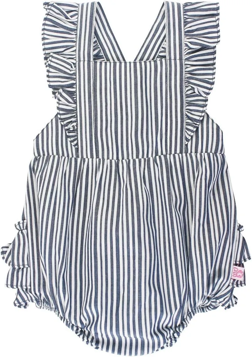 RuffleButts Baby/Toddler Girls Navy Stripe Cross-Back Ruffle Romper - 2T
