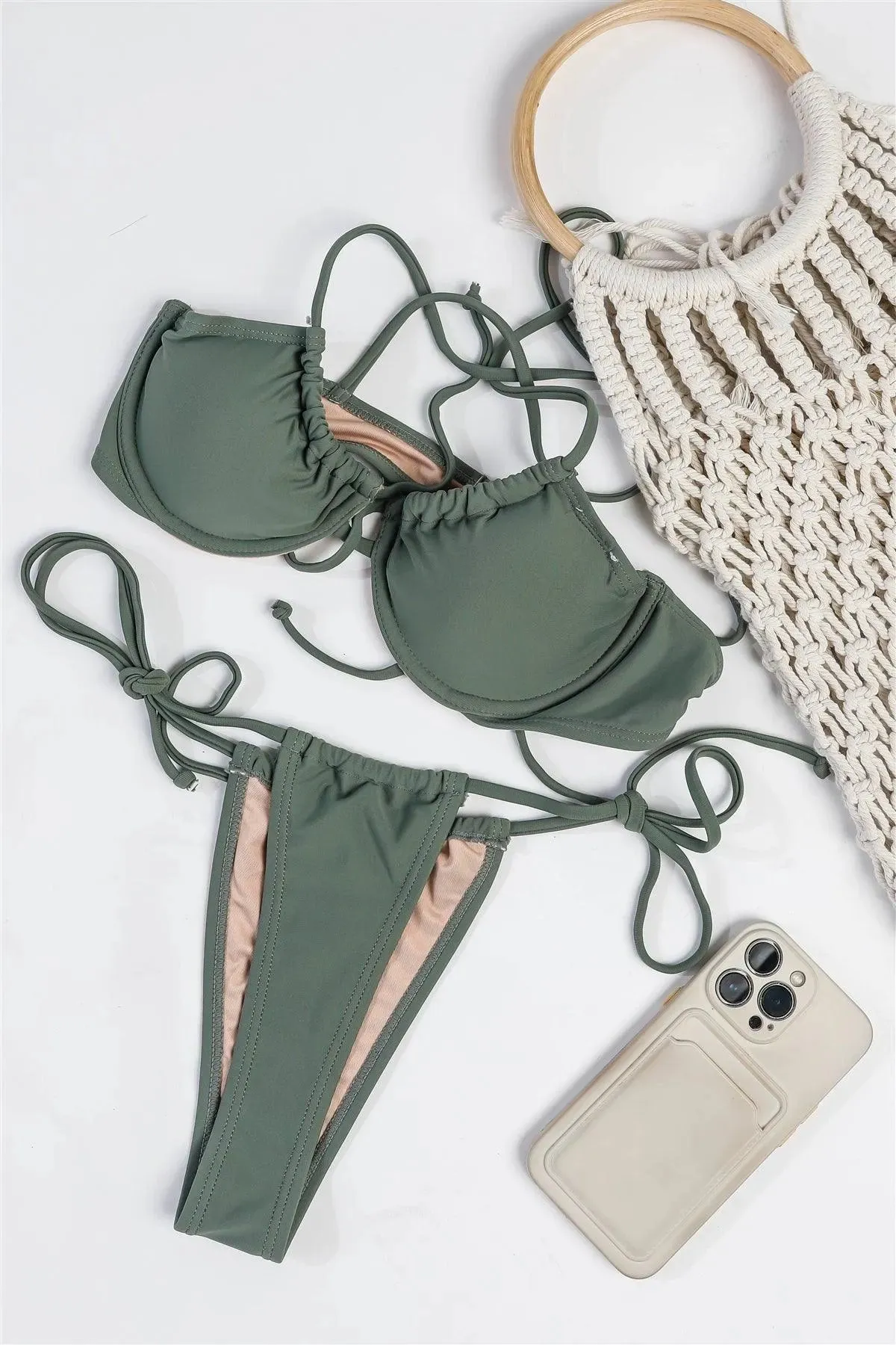 Sage Saint Croix Underwire Top Adjustable Ties Thong Bikini Swimwear 2 Piece Set