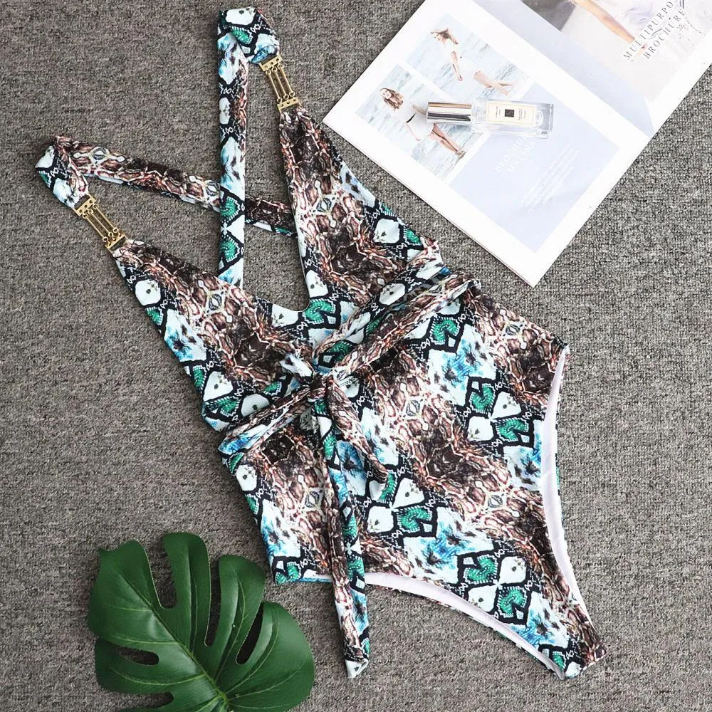 Sanke Print Backless Sexy Summer Beach Swimwear