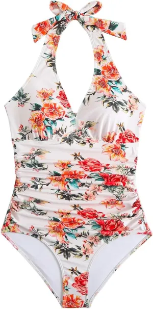 Savarana Women's One-Piece Swimsuits Tummy Control Halter Bathing Suit Ruched Push Up V Neck Swimwear
