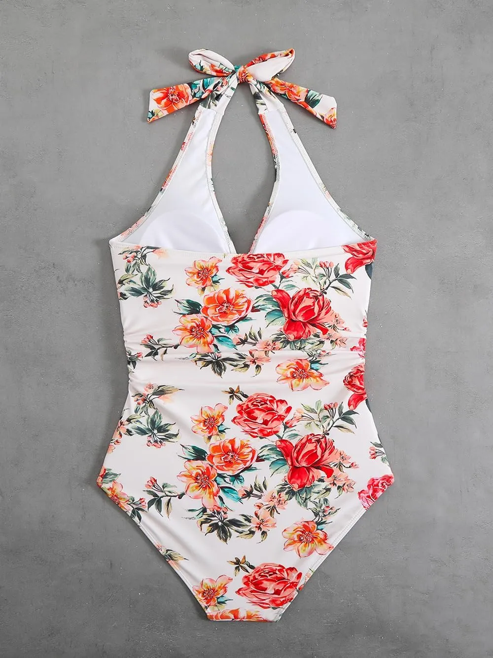 Savarana Women's One-Piece Swimsuits Tummy Control Halter Bathing Suit Ruched Push Up V Neck Swimwear