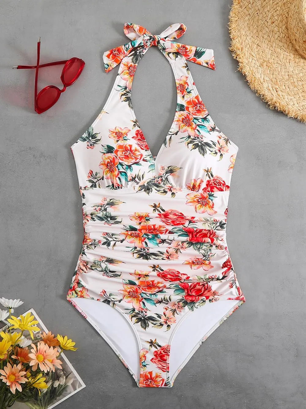 Savarana Women's One-Piece Swimsuits Tummy Control Halter Bathing Suit Ruched Push Up V Neck Swimwear