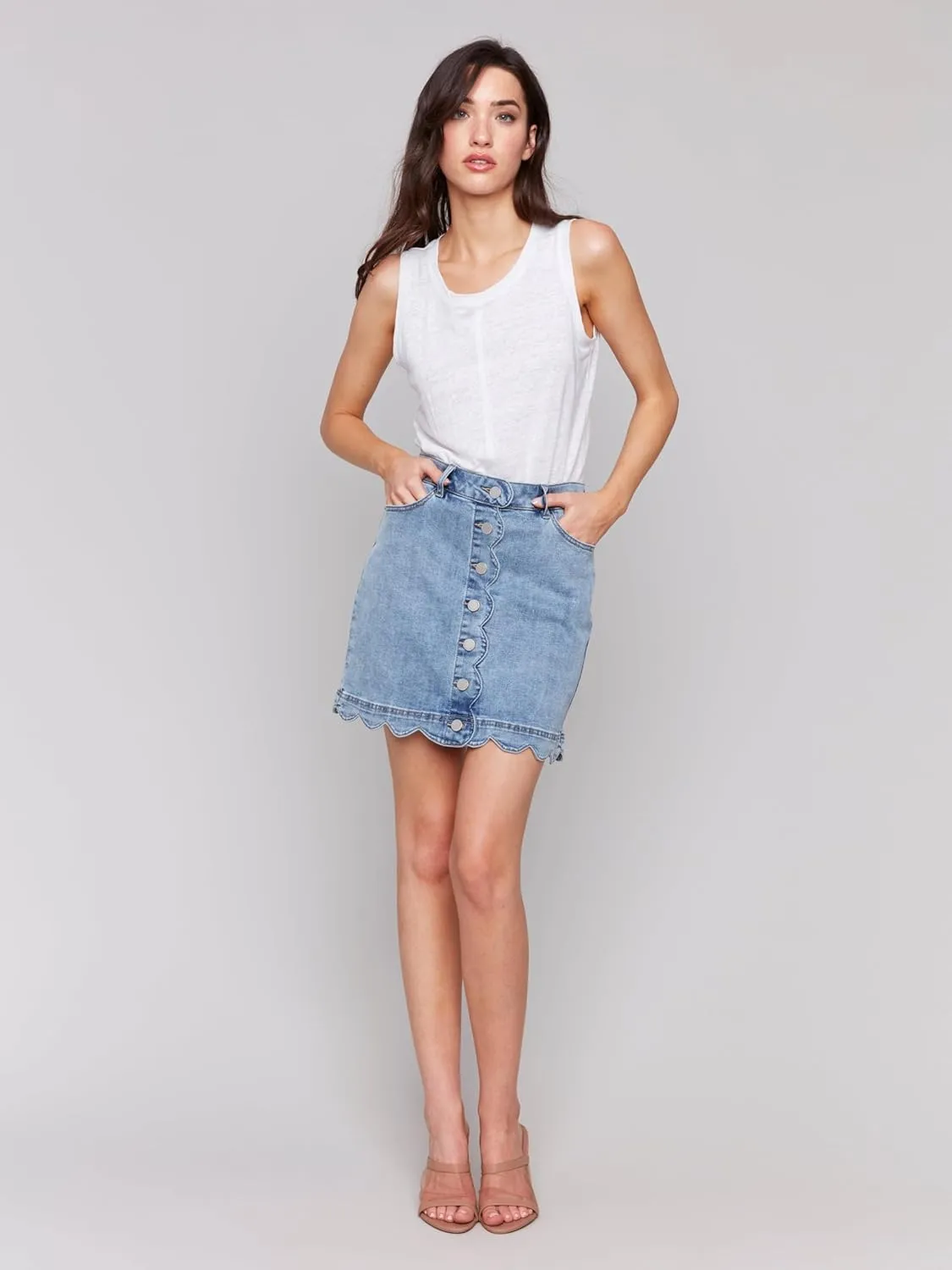 Scalloped Hem Button-Front Denim Skorts Style 7079