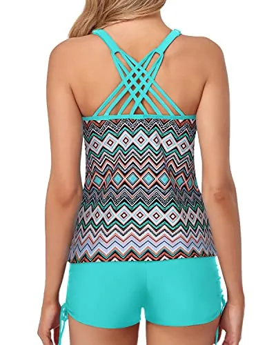 Scoop Neck Cute Cross-Back Design Tankini Swimsuits Athletic Two Piece-Blue Tribal