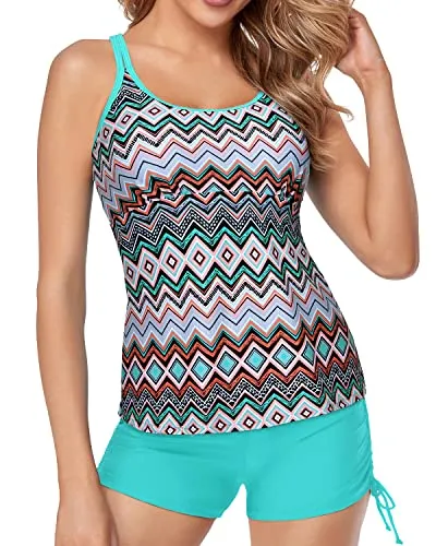 Scoop Neck Cute Cross-Back Design Tankini Swimsuits Athletic Two Piece-Blue Tribal