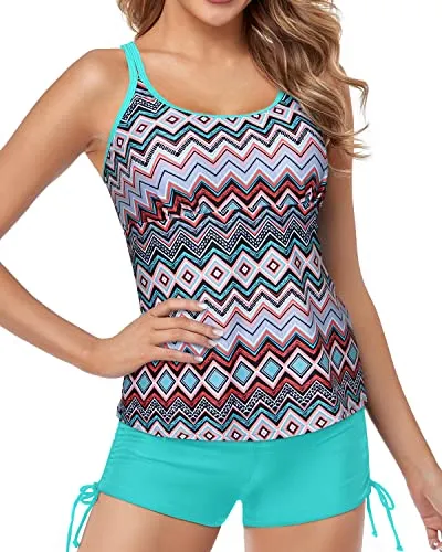 Scoop Neck Cute Cross-Back Design Tankini Swimsuits Athletic Two Piece-Blue Tribal