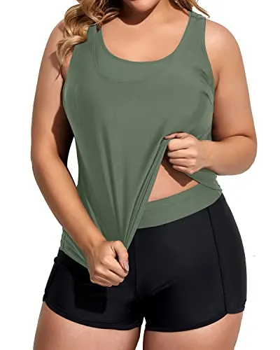 Scoop Neck Plus Size 3 Piece Tankini Set With Sports Bra & Boy Shorts For Women-Army Green And Black